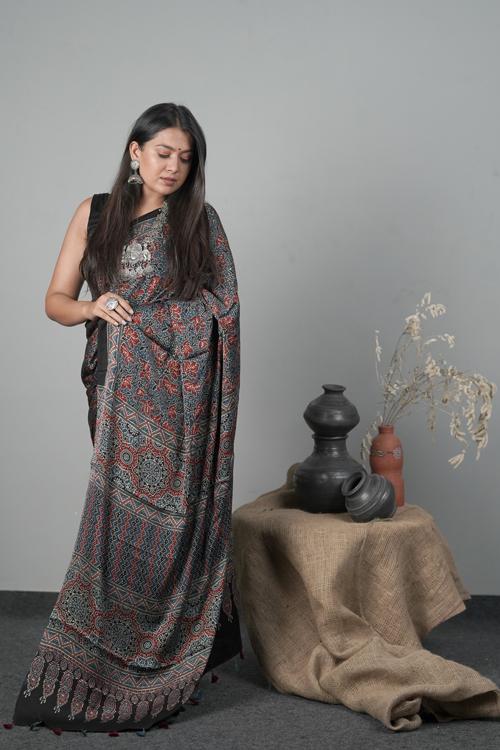 Traditional Ajrakh Hand block Printed Modal-Silk Saree Colour Indigo Blue-1