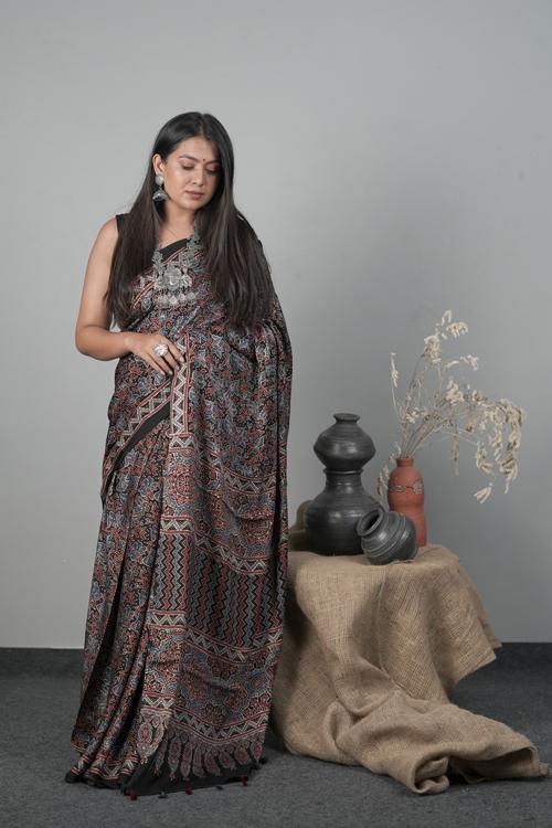 Ajrakh Traditional Hand block Printed Modal-Silk Saree Col Black