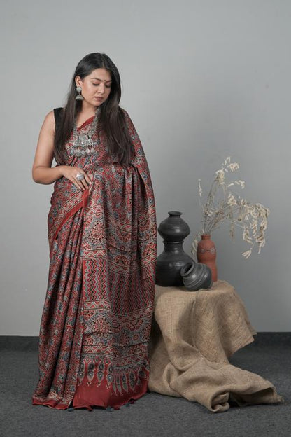 Traditional Ajrakh Hand block Printed Modal-Silk Red Saree