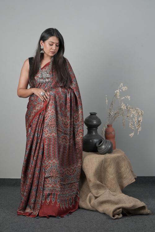 Traditional Ajrakh Hand block Printed Modal-Silk Red Saree