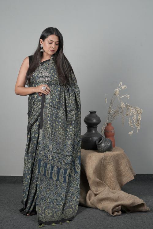 Traditional Ajrakh Block Print Modal-Silk Indigo Blue Saree