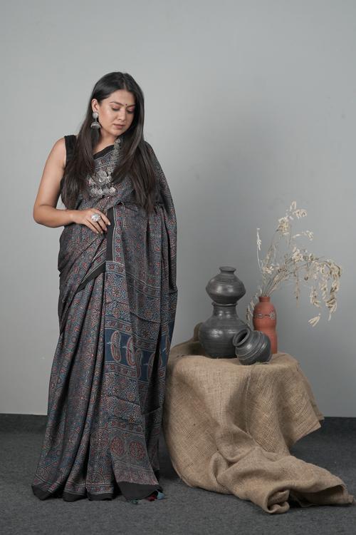 Traditional Ajrakh Hand block Printed Modal-Silk Saree, Color Indigo Blue