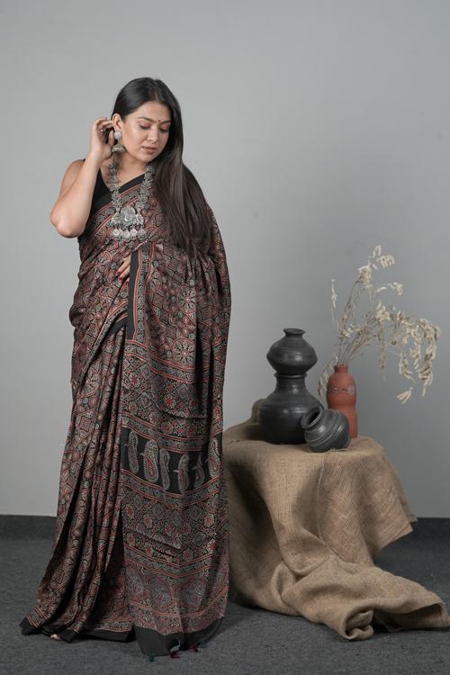 Traditional Ajrakh Hand block Printed Modal-Silk Saree col Black-1