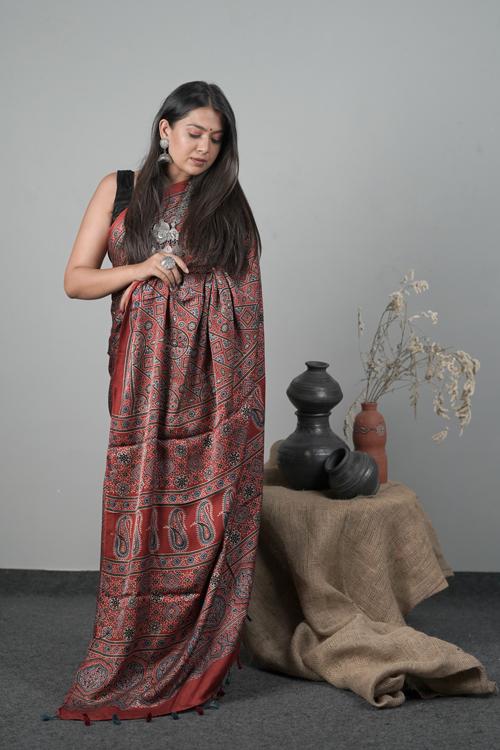 Modal-Silk Traditional Ajrakh Hand block Printed Indigo Red.