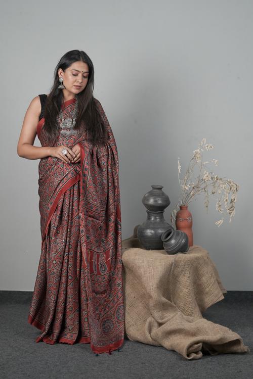 Modal-Silk Traditional Ajrakh Hand block Printed Indigo Red.