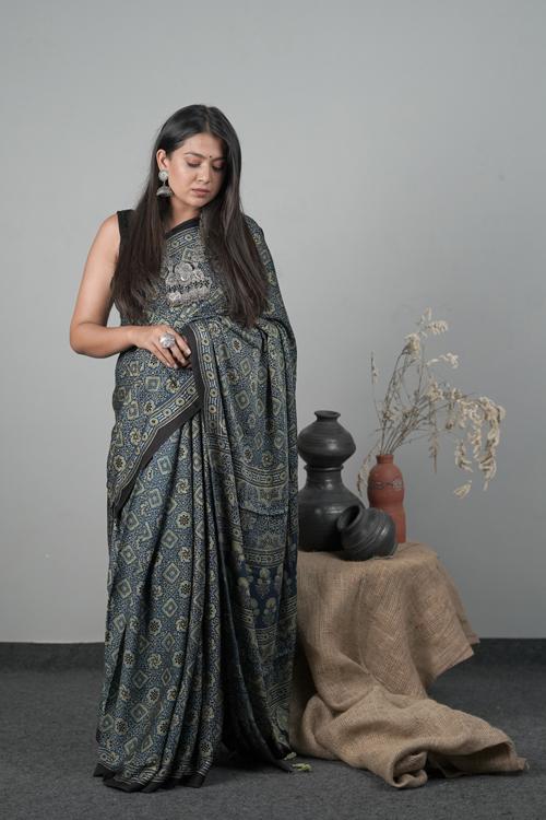 Ajrakh Hand block Printed Modal-Silk Saree, Color Indigo Blue