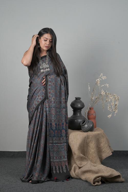 Traditional Ajrakh block Printed Modal-Silk Indigo Blue Color Saree