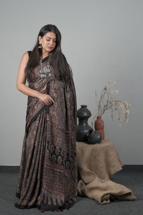 Traditional Ajrakh Hand block Printed Black Modal-Silk Saree
