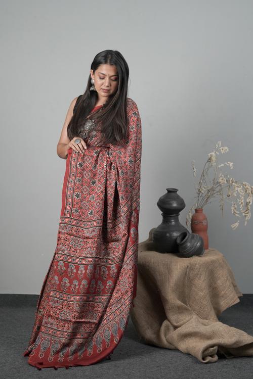 Traditional Ajrakh Hand block Printed Red Modal-Silk Saree