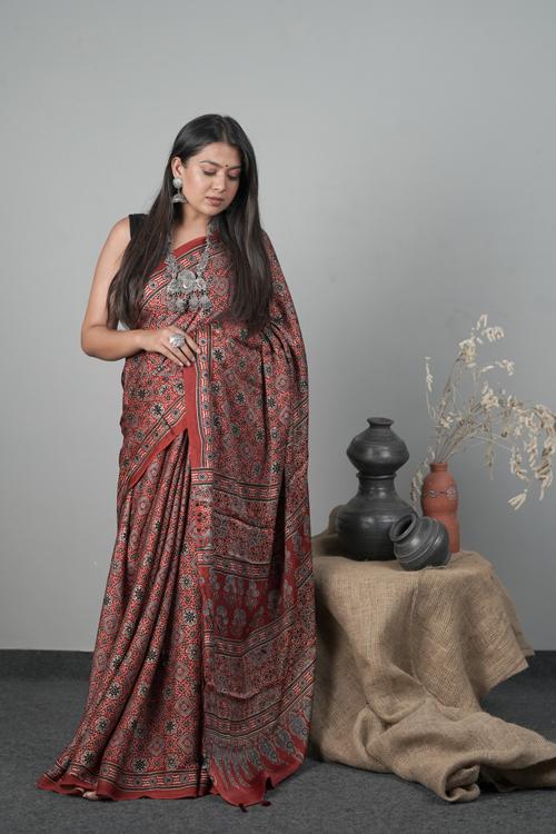 Traditional Ajrakh Hand block Printed Red Modal-Silk Saree