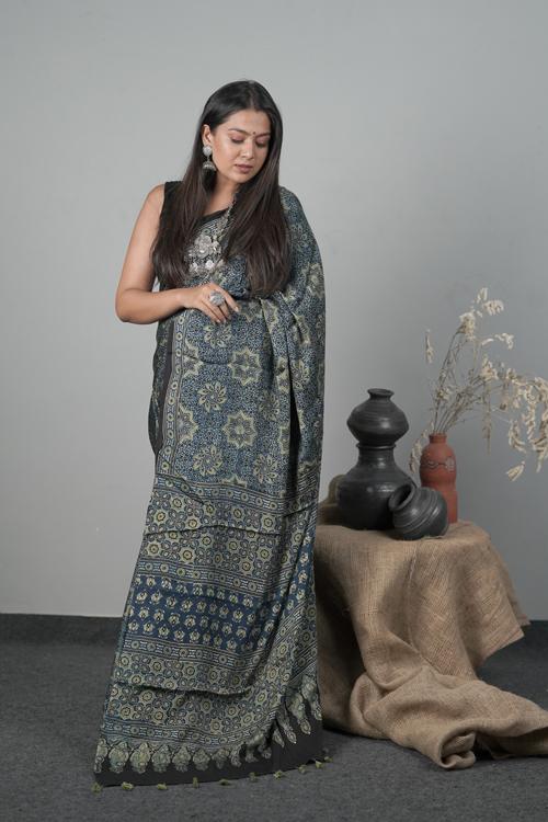 Modal-Silk Tradotional Block Printed Ajrakh Indigo Blue Color Saree