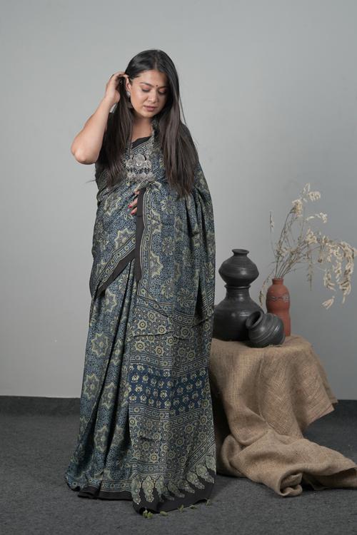 Modal-Silk Tradotional Block Printed Ajrakh Indigo Blue Color Saree