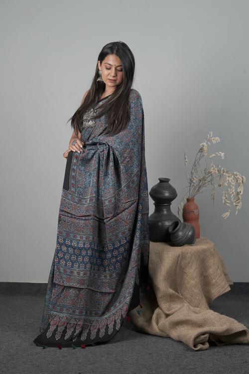 Indigo Blue Color Traditional Ajrakh Hand block Printed Modal-Silk Saree