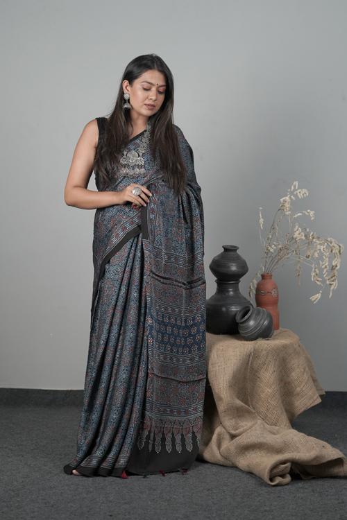 Indigo Blue Color Traditional Ajrakh Hand block Printed Modal-Silk Saree