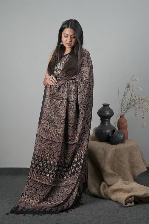 Traditional Ajrakh Hand block Printed Modal-Silk Saree, Color Black