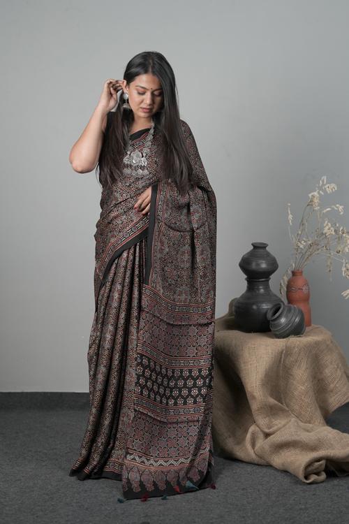 Traditional Ajrakh Hand block Printed Modal-Silk Saree, Color Black