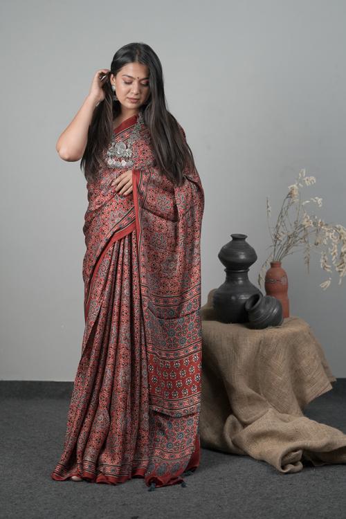 Traditional Ajrakh Hand block Printed Modal-Silk Saree Col- Red