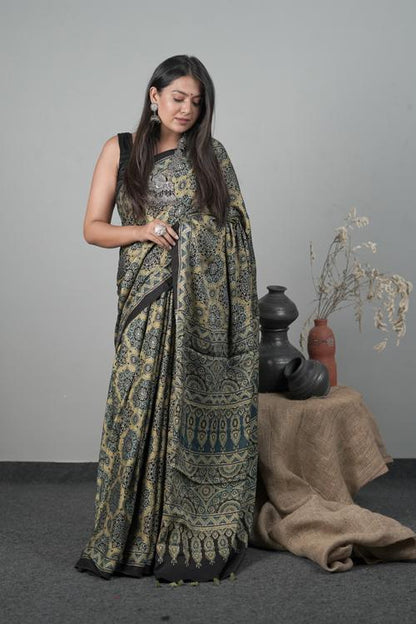 Traditional Ajrakh Hand block Printed Modal-Silk Saree Color Indigo Blue-1