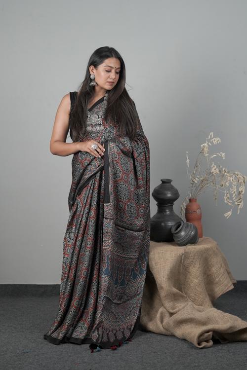 Traditional Ajrakh Hand block Printed Modal-Silk Indigo Blue color Saree