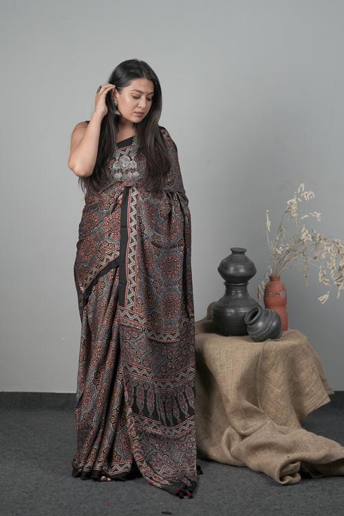 Traditional Ajrakh Hand block Printed Modal-Silk Saree Color Black-1