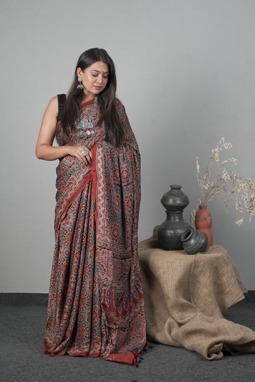 Traditional Ajrakh Hand block Printed Modal-Silk Saree Color -Red