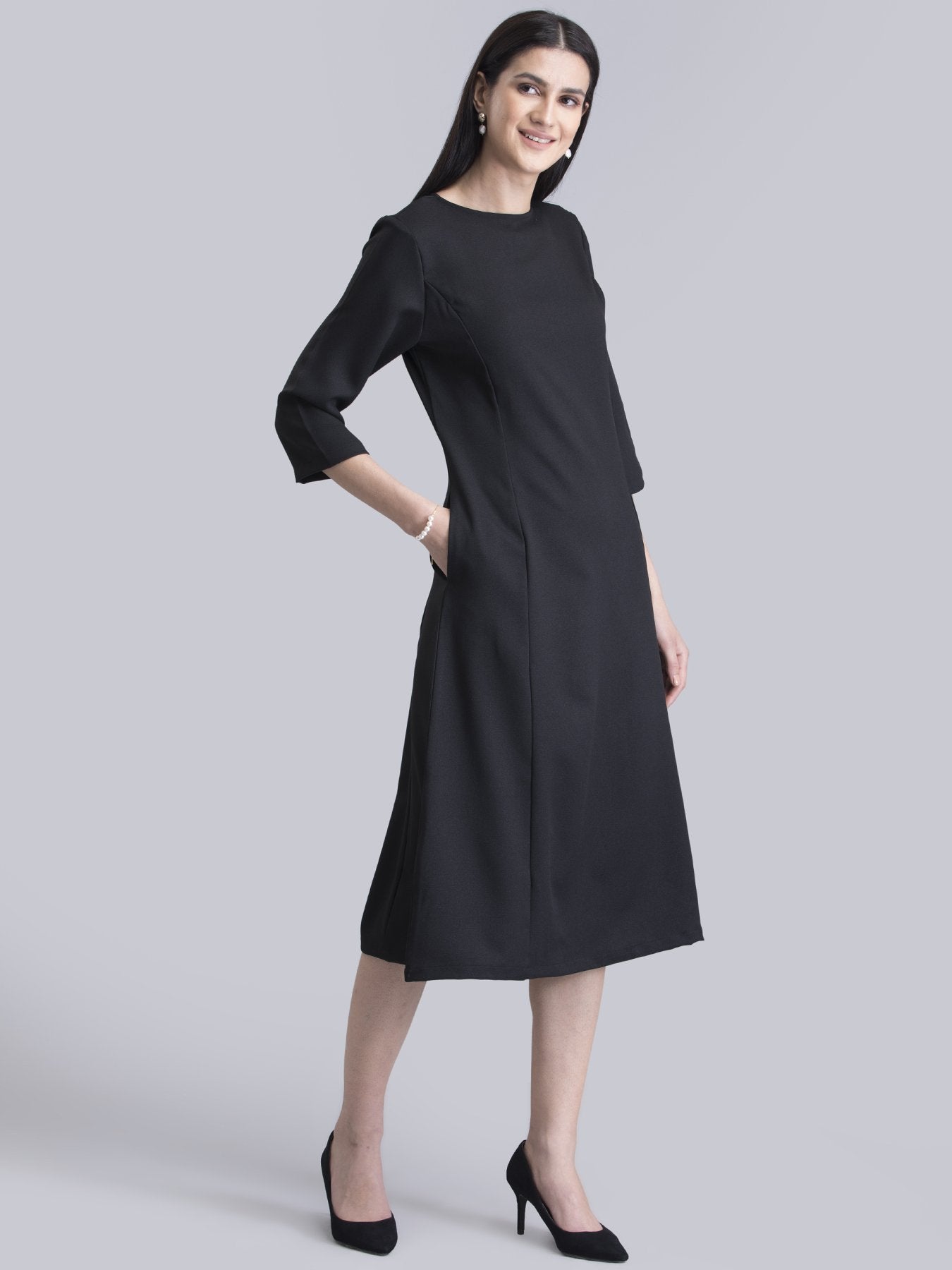 Keyhole Neck A Line Dress - Black