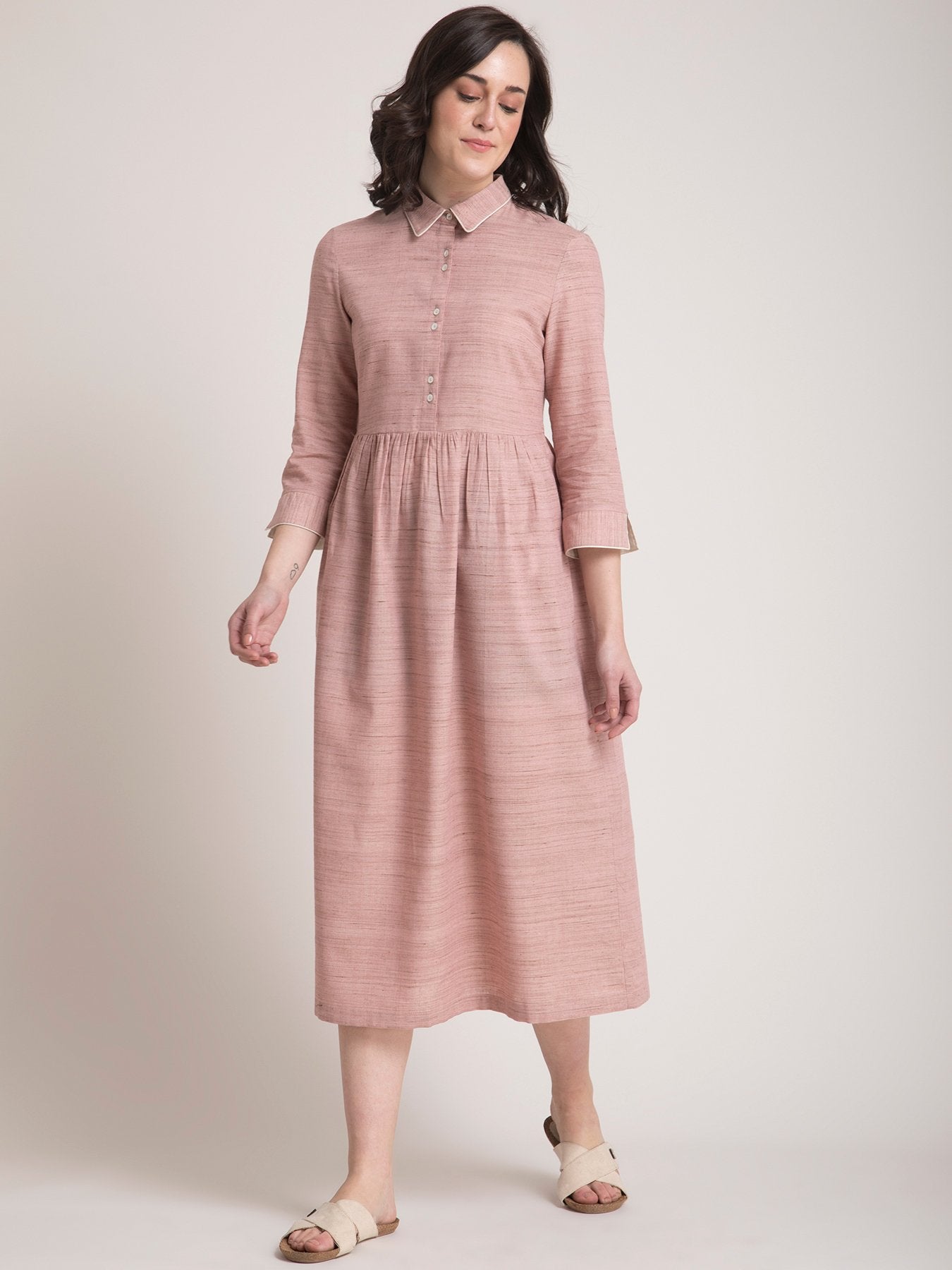 Cotton Yarn Dyed Collared Fit and Flare Dress - Dusty Pink
