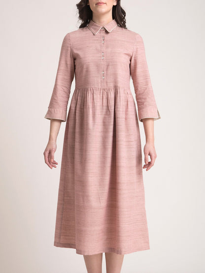 Cotton Yarn Dyed Collared Fit and Flare Dress - Dusty Pink