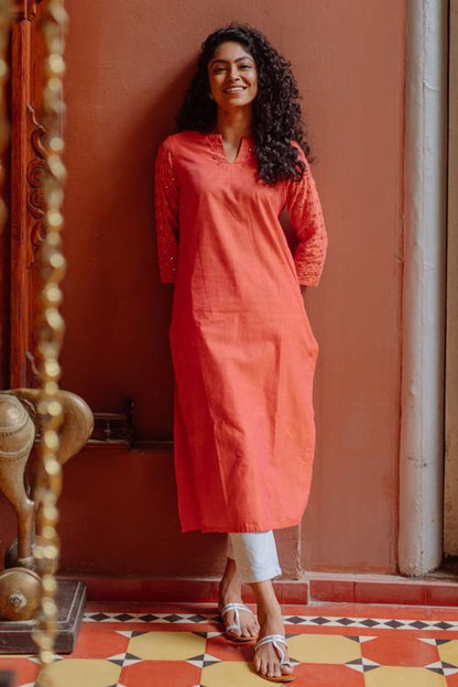 Ruhi' Pure Cotton Hand Embroidered Mirror Work Kurta