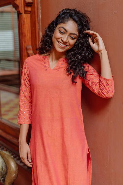 Ruhi' Pure Cotton Hand Embroidered Mirror Work Kurta