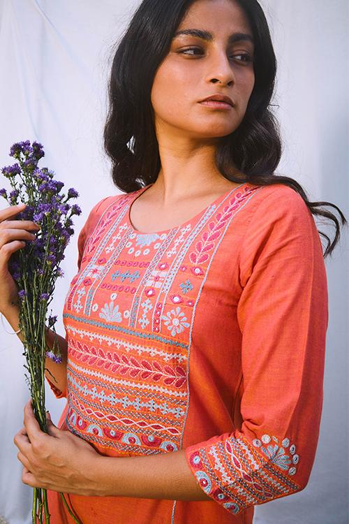 Tribal' Hand Embroidered Mirror Work Pure Cotton Long Kurta
