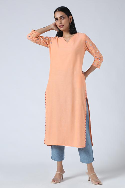 Salmon' Hand Embroidered Mirror Work Pure Cotton Long Kurta