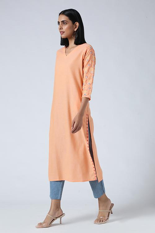 Salmon' Hand Embroidered Mirror Work Pure Cotton Long Kurta