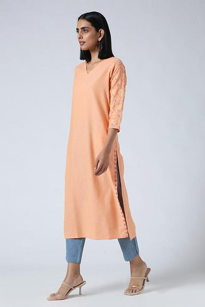 Salmon' Hand Embroidered Mirror Work Pure Cotton Long Kurta