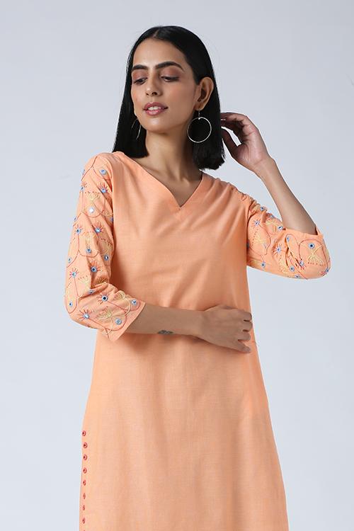 Salmon' Hand Embroidered Mirror Work Pure Cotton Long Kurta
