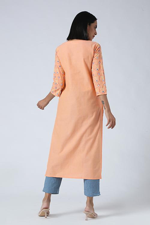 Salmon' Hand Embroidered Mirror Work Pure Cotton Long Kurta