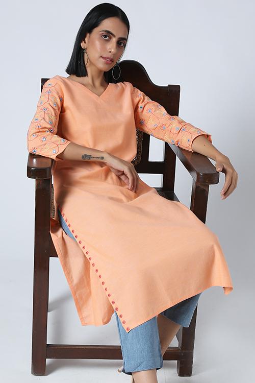 Salmon' Hand Embroidered Mirror Work Pure Cotton Long Kurta