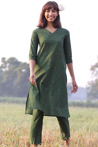 Pasture' Hand Embroidered Mirror Work Pure Cotton Long Kurta