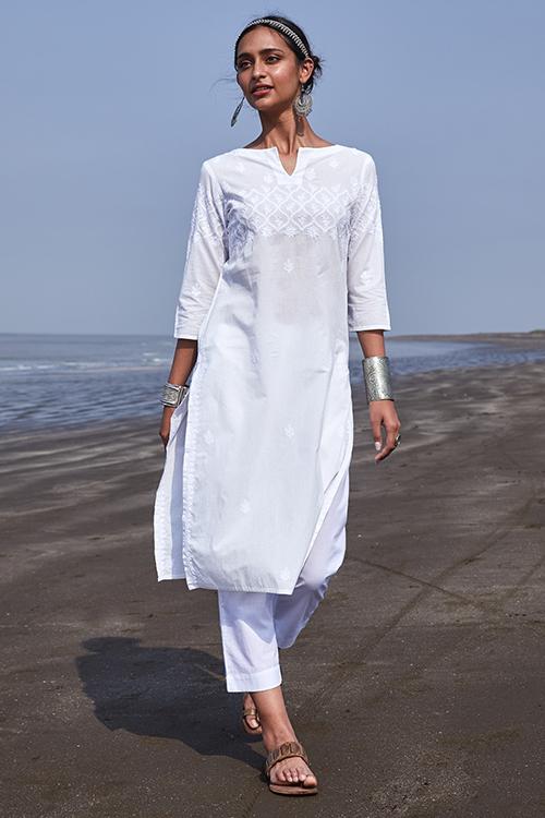 Shakira' Pure Cotton Chikankari Embroidered Long Kurta