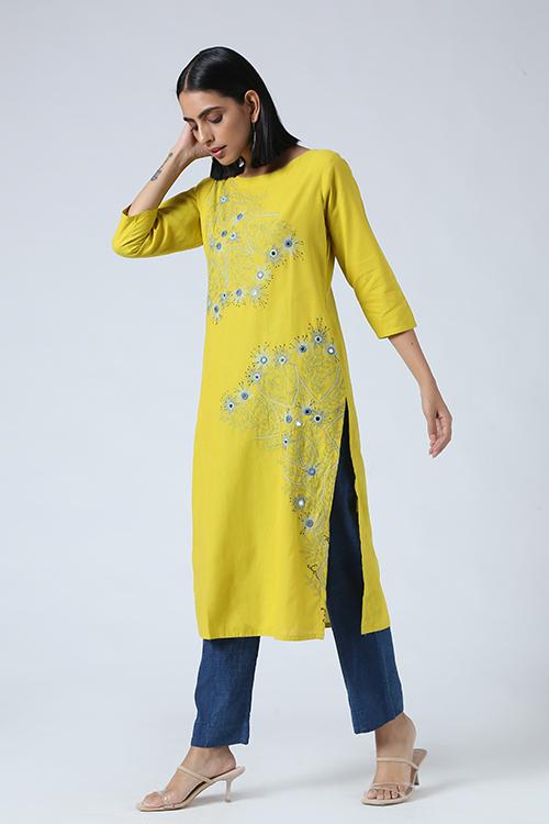 Sun Sparkle' Hand Embroidered  Mirror Work Pure Cotton Long Kurta