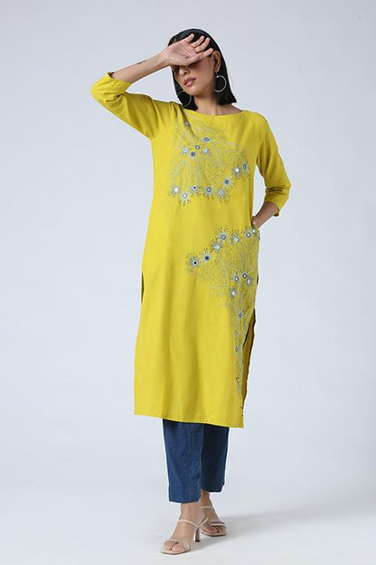 Sun Sparkle' Hand Embroidered  Mirror Work Pure Cotton Long Kurta