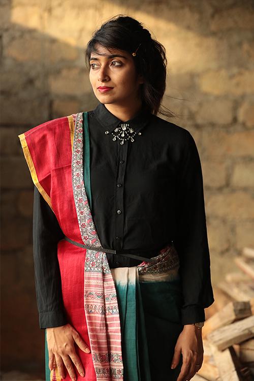 Studio Moya-LAAL PAAD/ MADHUBANI/ (GREEN DYED) Saree