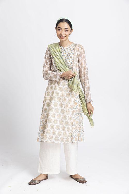 LVLILA-133 Lotus Veda svetah: green hand block printed chanderi silk kurta