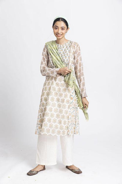 LVLILA-133 Lotus Veda svetah: green hand block printed chanderi silk kurta