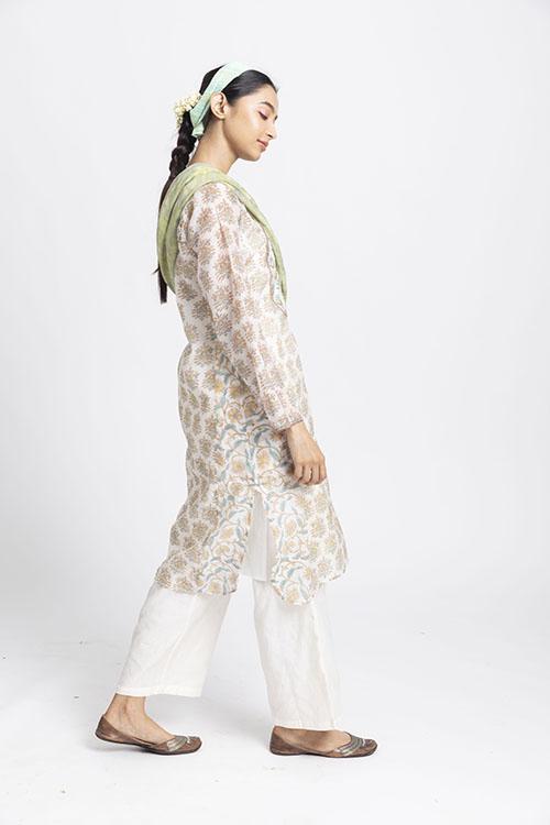 LVLILA-133 Lotus Veda svetah: green hand block printed chanderi silk kurta