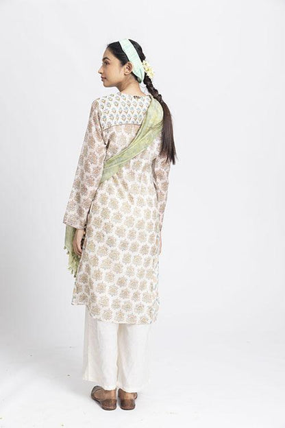 LVLILA-133 Lotus Veda svetah: green hand block printed chanderi silk kurta