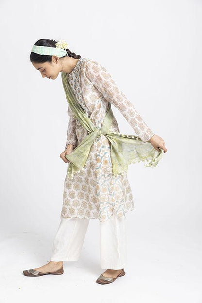 LVLILA-133 Lotus Veda svetah: green hand block printed chanderi silk kurta
