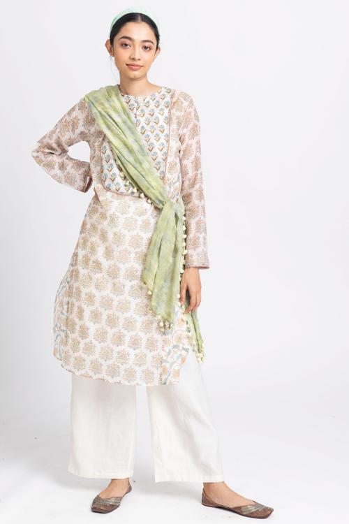 LVLILA-133 Lotus Veda svetah: green hand block printed chanderi silk kurta