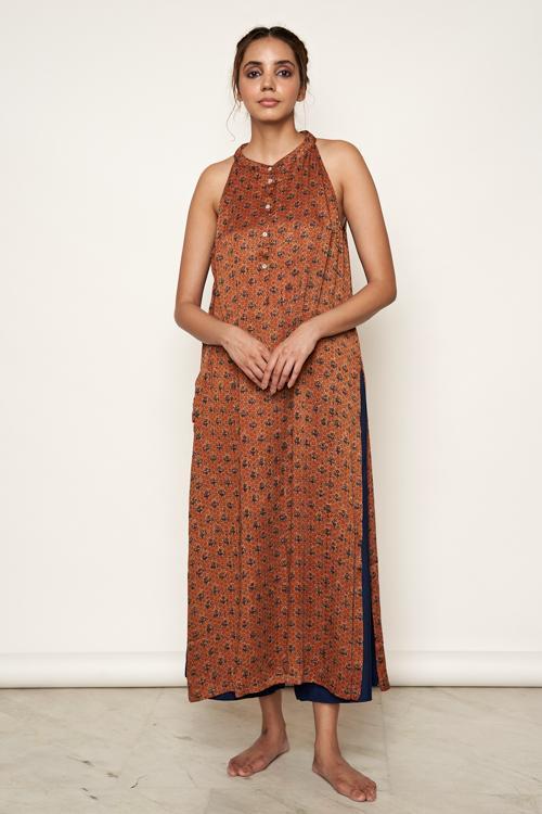 LVLILA-75 Modal satin ajrakh halter neck kurta