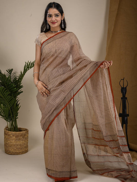 Bagru Block Printed Kota Doria Saree - Beige Small Print